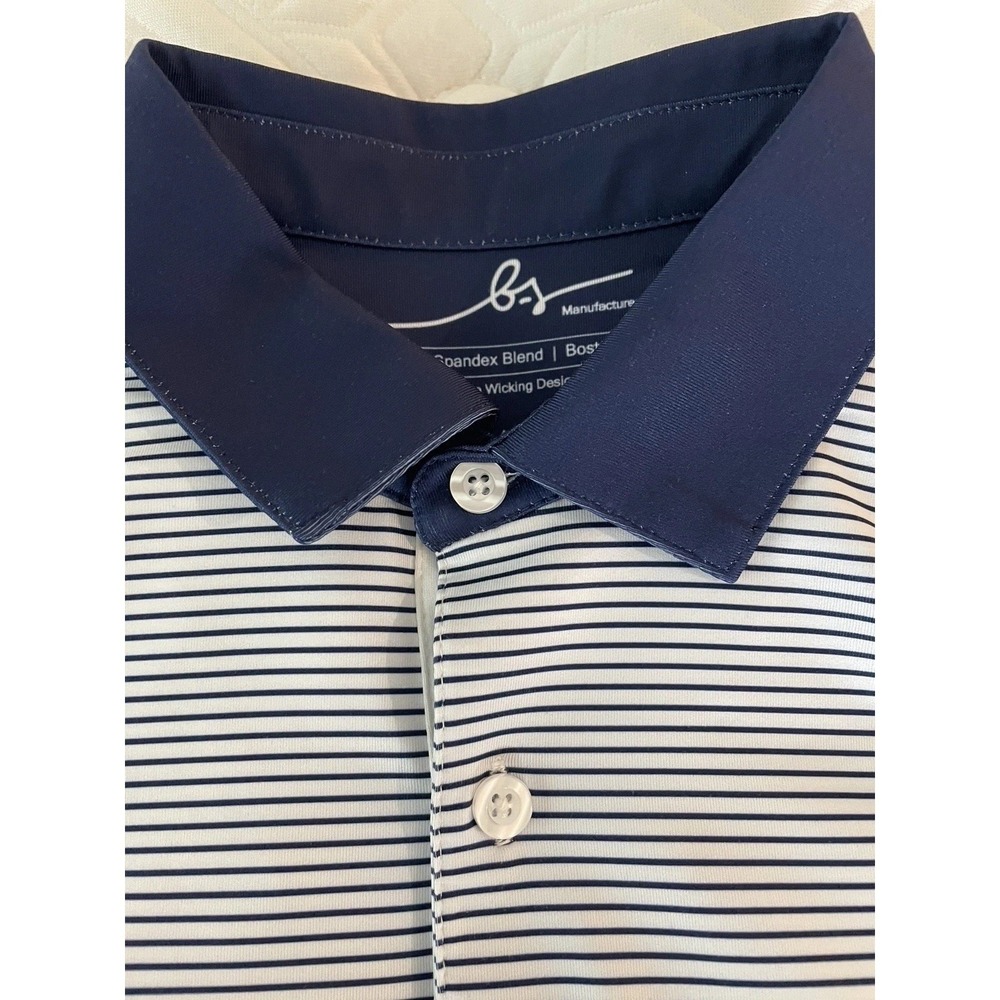 Boston Scott Junior Performance Golf Shirt M Blue White Stripe Kids Polo NEW